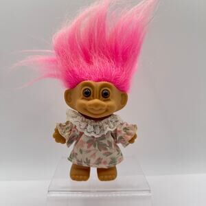 Vintage Russ 4" Troll Doll #18295 Wearing Floral Dress With Pink Faded Hair